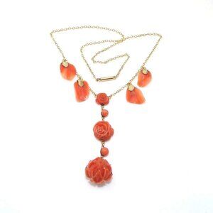 Vintage Antique 14K Yellow Gold Necklace Carved Orange Coral Flower 15"